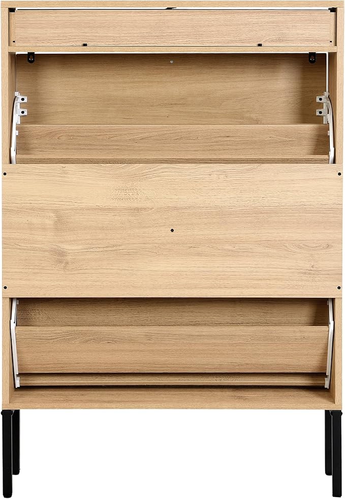 XIAO WEI Shoe Cabinet, Natural Semi Circle Rattan Shoe Storage Organizer Cabinet with 2 Flip Drawers, Freestanding Shoe Rack with Adjustable Shelf for Entryway (Large Size)