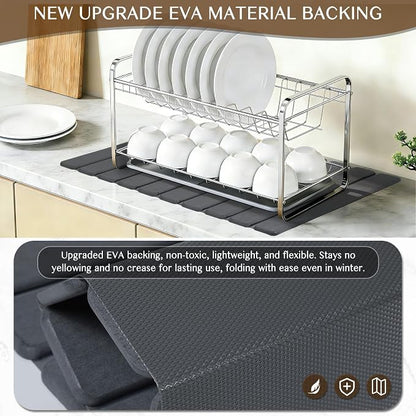 Large Stone Dish Drying Mat for Kitchen Counter, Thin & Light Quick Dry Stone Bath Mat, Foldable Water Absorbing Diatomite Drying Pad for Kitchen Bathroom Sink Countertop (Pure Gray 24"×16" & 8"x4")