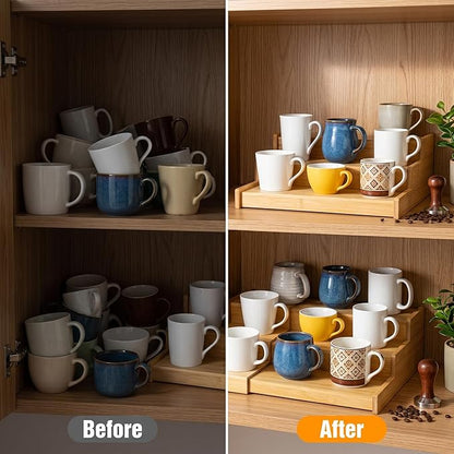 3-Tier Expandable Bamboo Mug Holder Shelf Rack For Countertop Coffee Cup Holder Display, Pantry Can Organizer for Cabinet, Coffee Bar Organizer for Kitchen