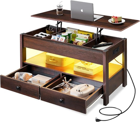 WLIVE Coffee Table, Lift Top Coffee Table with Drawers, LED Light, Large Storage and Open Shelf, Lift Tabletop for Living Room, Espresso