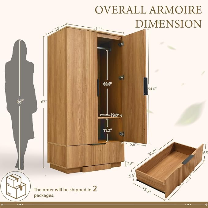 Yechen 67" Fluted Armoire Wardrobe Closet with Doors and Drawer, Wooden Wardrobe Closet Cabinet with Adjustable Shelve, Modern Small Armoires Storage Clothes, Coats for Bedroom, Natural
