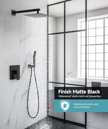 SR SUN RISE Shower Faucet Set & System - 10 Inch Rainfall Shower Head & Handle Set Wall Mounted Matte Black Solid Brass Valve Trim Kit Included