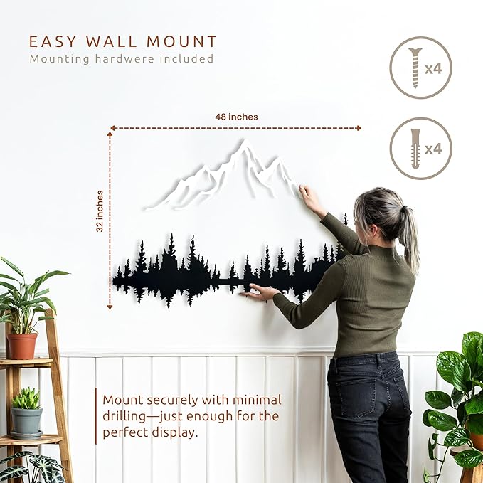 Wita Home Mountain and Forest Metal Wall Art, Wall Mounted Home Decor, Pine Trees and Nature Wall Art for Living Room, Bedroom or Office, Large Outdoor Wall Decor, Nature Christmas Decor (White Mountain-Black Forest, 48x32 inches)