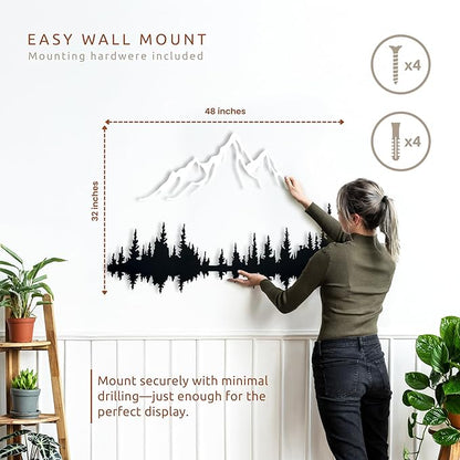 Wita Home Mountain and Forest Metal Wall Art, Wall Mounted Home Decor, Pine Trees and Nature Wall Art for Living Room, Bedroom or Office, Large Outdoor Wall Decor, Nature Christmas Decor (White Mountain-Black Forest, 48x32 inches)