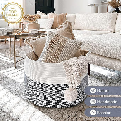 INDRESSME XXXLarge Cotton Rope Basket 21.7" x 21.7" x 13.8" Woven Baby Laundry Baskets Blanket Basket Toy Baskets with Handle Storage Comforter Cushions Navy Laundry Hamper
