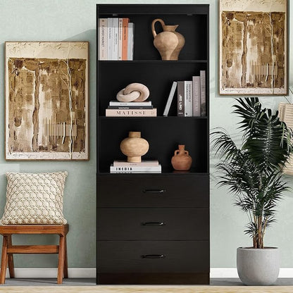 Tall Bookshelf with 3 Open Shelves and 3 Drawers, Wooden Bookcase with Storage Cabinet for Living Room, Bedroom, Home Office, Black