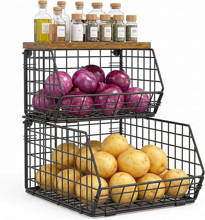 Stackable Fruit Basket for Kitchen Counter, 2 Tier Wire Baskets with Wooden Lid Top, Vegetable Storage Organizer Bins, Wall Mountable Pantry Baskets for Produce, Onion, Potato, Black