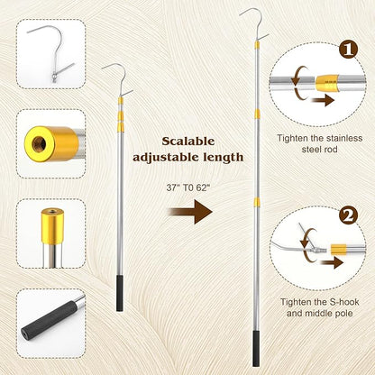 Clothes Hook Rod, 27-62 Inch Long Telescopic Rod, Stainless Steel, S-Shaped Hook, Tension Mounted