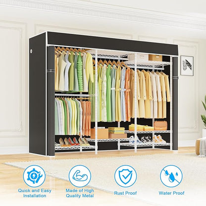 Ulif E13C Heavy Duty Closet Organizer System，Freestanding Clothing Racks for Hanging Clothes，Adjustable Garment Rack 63" W x 16" D x 77" H Hold 960 lbs，White Clothing Rack with Black Dustproof Cover
