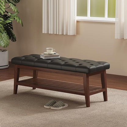 LEILISI Entryway Shoe Bench with Storage, End of Bed Bench, Microfiber Leather Upholstered Button-Tufted Seat Bench with Solid Wood Frame for Living Room, Bedroom (Black, 43.3'')