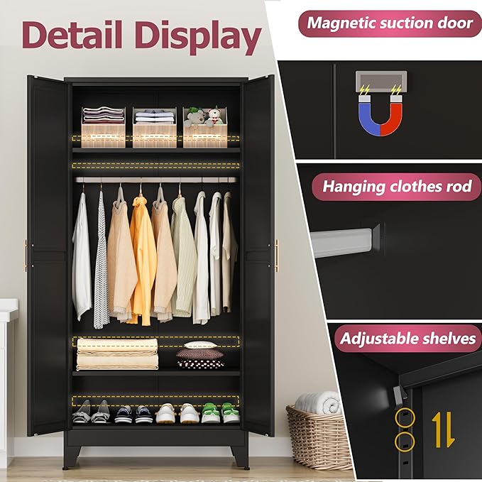 Metal Wardrobe Cabinet with Hanging Rod, 71" Metal Clothing Storage Cabinets with 2 Doors and Adjustable Shelves, Black Armoire Wardrobe Closet for Bedroom, Laundry Room, Cloak Room