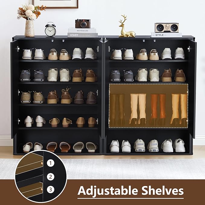Shoe Cabinet, 5 Tier Wooden Shoe Storage Organizer Cabinet with Adjustable Shelves, Shoes Rack Accent Cabinet for Entryway Hallway Living Room, Black