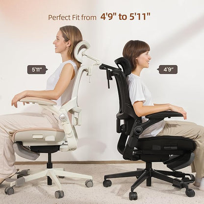 CabLady S2 Petite Ergonomic Office Chair for Women, Small Frame Desk Chair with Adjustable Lumbar, Headrest & Footrest, Space-Saving Flip-Up Armrests