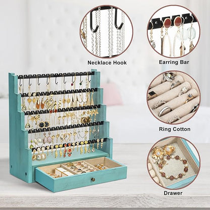 Pinzoveco Earring Organizer, 5 Layer Earring Holder Organizer with Necklace Holder Pole, Rustic Wood Jewelry Organizer Stand Display for Stud Earring Bracelet Necklace Ring, 175 Earring Holes