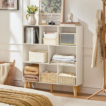 LEYAOYAO 8 Cube Bookshelf,3 Tier Bookcase with Legs,Light Grey White Mid-Century Modern Bookshelves,Large Open Storage Organizer Shelf, Wooden Book Case