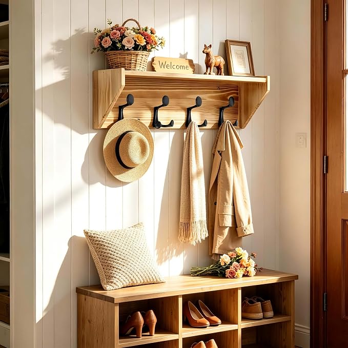 SKOLOO Wall Shelf with Hooks, 24-Inch Coat Rack Wall Mount with Shelf Organizer - Heavy Duty, 4 Tri Hooks - Perfect for Entryway, Hallway, Living Room, Bedroom, Mudroom, Wood Brown & Black