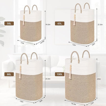 65L Woven Laundry Basket for Clothes, Large Rectangle Laundry Hampers with Beads Tassel, Nursery Storage Basket for Toys, Tall Dirty Clothes Hamper for Bedroom Aesthetic, Laundry Room Organization