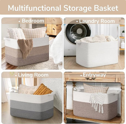 Goodpick Large Woven Blanket Basket 23.6" x 15.7" x 13.8" Cotton Rope Storage Organizer for Dirty Clothes Pillows, Soft Toy Storage Basket for Nursery Home Decor, White & Light Brown