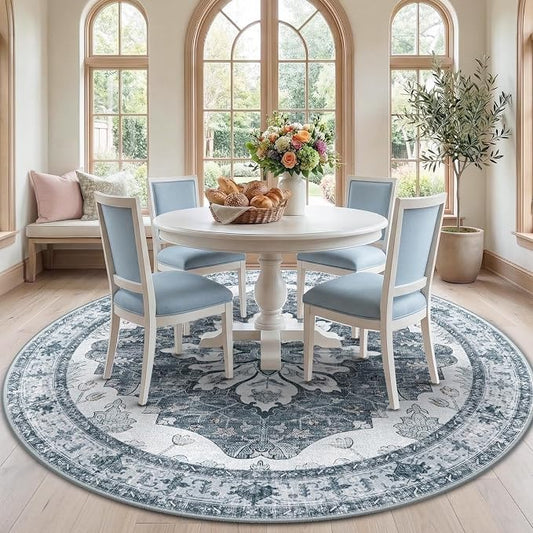 RELEANY Area Rugs Round 7ft Washable Non-Slip, Floral Vintage Distress Medallion Carpet for Living Room Bedroom Dining Room, Light Gray Grey White