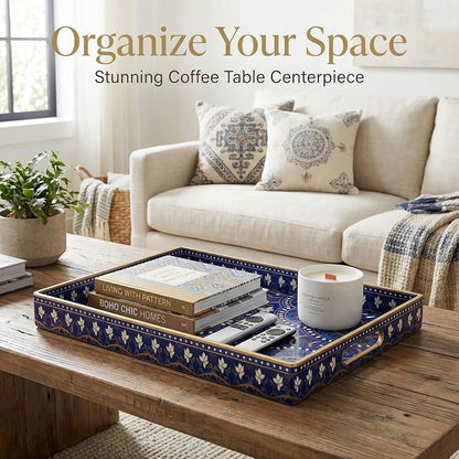 Decorative Serving Tray with Handles - 15.7" x 11.8" Blue Mandala Pattern Rectangular Plastic Platter - Boho Coffee Table Tray for Ottoman, Breakfast in Bed & Living Room Decor
