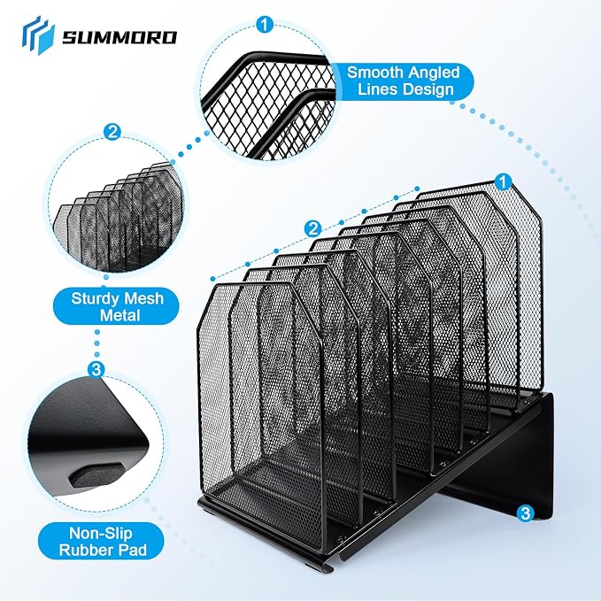 SUMMORO Inclined File Organizer for Desk, 7-Section Vertical File Folder Holder Office Desk Organizer Metal Rack File Wire Mesh Desktop Document Sorter for Office School Classroom Home (Black)