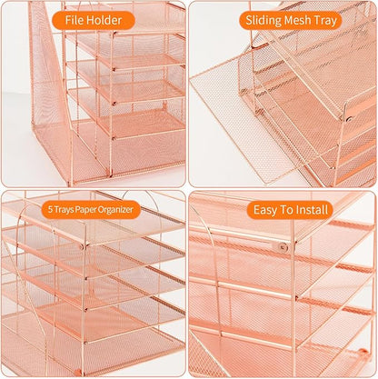 Desk Organizers and Accessories, 5-Tier Paper Letter Tray Organizer with File Holder, Desktop Organizer for Office Supplies (Rose Gold)