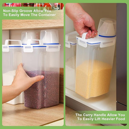 6 Pcs Set Rice Storage Container, Flour Dispenser with Pouring Spout & Measuring Cup, Kitchen Plastic Dry Food Storage Bin for Grain Oatmeal Snacks Pet Dog Food