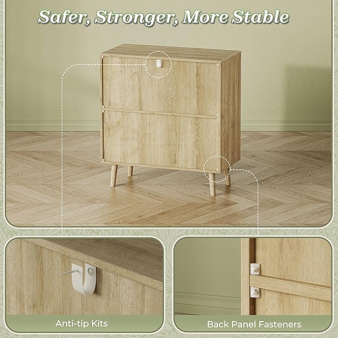 Huuger Buffet Cabinet with Storage, Storage Cabinet with PE Rattan Decor Doors, Accent Sideboard Buffet with Solid Wood Feet, for Hallway, Entry, Living Room, Natural