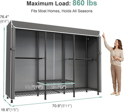 SEMHOR K01C Heavy Duty Clothes Rack with Grey Cover, Freestanding Portable Closet System with Shelves, Adjustable Carbon Steel Garment Rack, Black Clothing Racks for Hanging Clothes, 860LBS Max Load