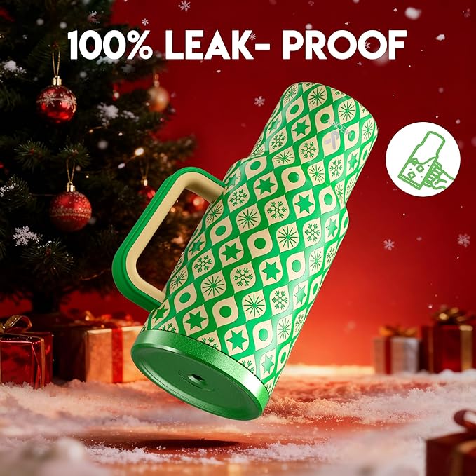 Meoky 40 oz Christmas Tumbler with Handle and Straw, Xmas Tumbler with Lid and Straw, Insulated Stainless Steel Travel Mug, Christmas Gifts for Women Men Adults (Emerald Cheer)