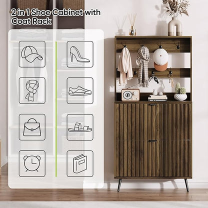 Tall Shoe Cabinet with Coat Rack,Fluted Shoe Cabinet Storage for Entryway, Walnut Hidden Shoe Cabinet with Metal Legs,Shoe Organizer Cabinet, Slim Entryway Shoe Storage Cabinet （31.5in）