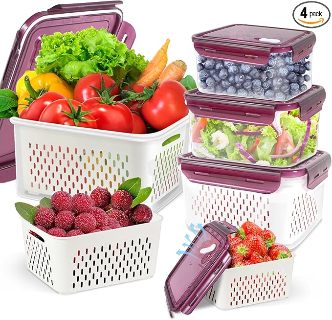 Fruit Storage Containers with Vent Holes and Colander - 4 Pack, BPA-Free Clear Plastic Food Storage Boxes with Airtight Lids for Refrigerator Fridge Vegetable Produce Organizer - Purple