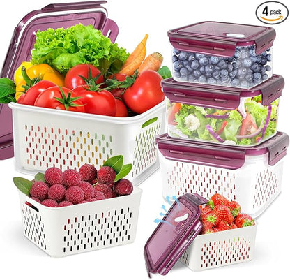 Fruit Storage Containers with Vent Holes and Colander - 4 Pack, BPA-Free Clear Plastic Food Storage Boxes with Airtight Lids for Refrigerator Fridge Vegetable Produce Organizer - Purple