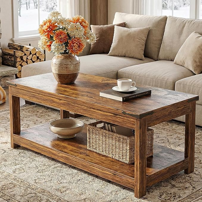 Homieasy Coffee Table with Storage Shelf, 43.3” Farmhouse Wood Coffee Tables for Living Room, Modern Center Tea Table, Rustic Brown
