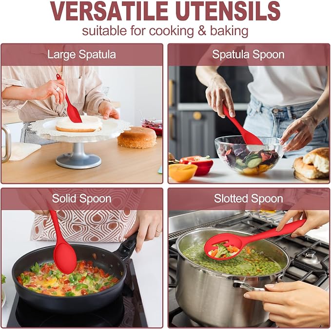 TeamFar Kitchen Utensils, 7 PCS Silicone Cooking Baking Utensil, Non-Stick Kitchen Gadgets with Ladle Spatula Spoon Turner Pasta Server, Non-Toxic & One Piece, Heat Resistant & Dishwasher Safe-Red