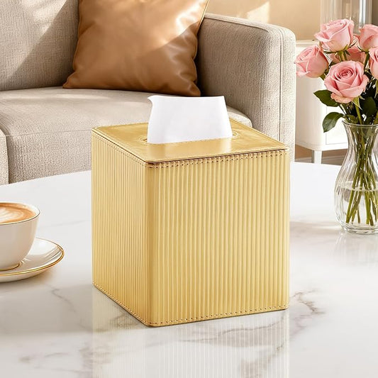 Gold Tissue Box Cover Square with Magnetic Closure, PU Leather Tissue Box Holder for Bathroom NightStands Livingroom, Decorative Modern Square Tissue Holder (Gold)