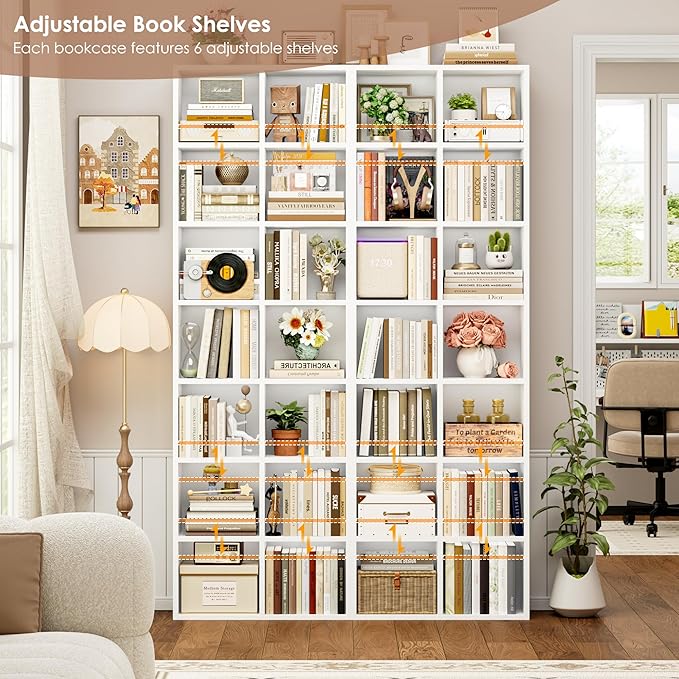 FOTOSOK 71'' Tall Bookshelf Set of 2, 7 Tier Large White Bookshelf with Adjustable Shelves, Wide Bookcases and Bookshelf, DVD/CD Media Tower Storage, Cube Book Shelf Display Shelf Cabinet, White
