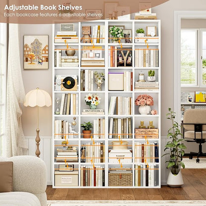 FOTOSOK 71'' Tall Bookshelf with 14 Cubes, 7 Tier Double Wide White Bookshelf with 6 Adjustable Shelves, 19.6" Narrow Bookcase DVD/CD Media Storage, Space Saving Display Shelf Cabinet, White