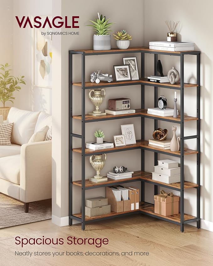 VASAGLE 6 Tier Bookshelf with Metal Frame, Convertible Industrial Corner Shelf, 9.4 x 52.8 x 69 Inches, for Living Room, Bedroom, Home Office, Rustic Brown and Ink Black ULLS806K01