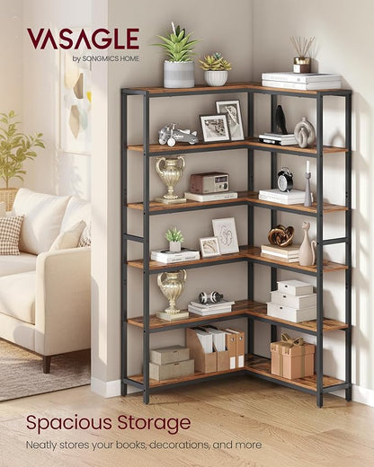 VASAGLE 6 Tier Bookshelf with Metal Frame, Convertible Industrial Corner Shelf, 9.4 x 52.8 x 69 Inches, for Living Room, Bedroom, Home Office, Rustic Brown and Ink Black ULLS806K01