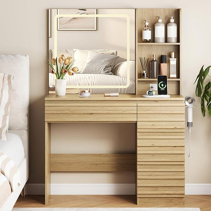 Makeup Vanity Desk with Lights, Fluted Vanity with 4 Drawers, Open Shelves, Power Outlet, LED Lighted Mirror, 3 Lighting Modes & Brightness Adjustable, Wood Dressing Table for Bedroom, Natural Oak
