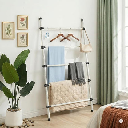SIBRAD Expandable Blanket Ladder for Living Room, Adjustable Width (17.3"-32.3") Tall Metal Quilt Rack Wall Leaning, Rustic White Wood Grain 5-Tier Blanket Holder, Heavy Duty 45 Lbs Capacity
