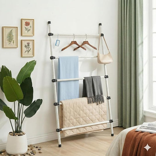 SIBRAD Expandable Blanket Ladder for Living Room, Adjustable Width (17.3"-32.3") Tall Metal Quilt Rack Wall Leaning, Rustic White Wood Grain 5-Tier Blanket Holder, Heavy Duty 45 Lbs Capacity