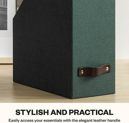 Bigso Estelle Fibreboard Magazine Holder with Leather Handle - Magazine File Holder and Organizer for Papers and Catalogs on Home or Office Desks - W4.4 x D9.8 X H12.7 (inches) - Dark Green
