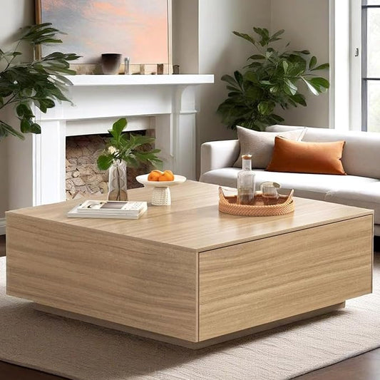 47” Square Coffee Table with Storage, 47" D x 47" W x 17" H Modern Large Square Center Table with 2 Drawers,Wood Coffee Table for Living Room,Bedroom（Light Brown）