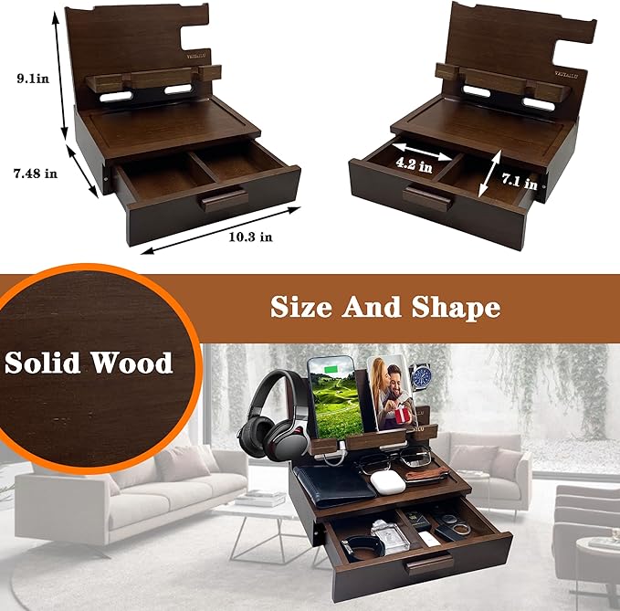 VEIYAILU Gifts for Men Women Him Husband Son Boyfriend Birthday Nightstand Organizer Wood Phone Docking Station Birthday Gifts (Deep Walnut)