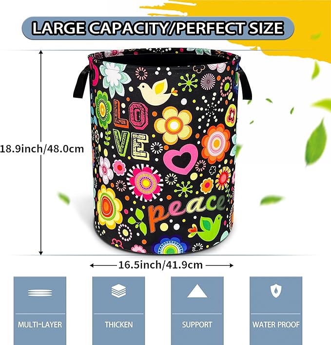 NUTAINLA Peace Hippie Flower Laundry Basket Foldable Oxford Cloth Funny Tote Bag Laundry Hamper Clothes Storage Bucket Toy Organizer For Bathroom/Laundry Storage/Bedroom 18.9x16.5 Inch