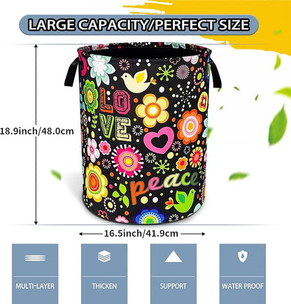 NUTAINLA Peace Hippie Flower Laundry Basket Foldable Oxford Cloth Funny Tote Bag Laundry Hamper Clothes Storage Bucket Toy Organizer For Bathroom/Laundry Storage/Bedroom 18.9x16.5 Inch