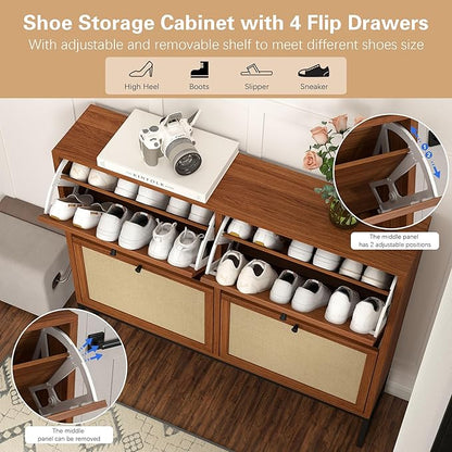 Shoe Cabinet, Shoe Storage Cabinet with 4 Flip Drawers, Freestanding Shoe Organizer Shoe Rack for Entryway, Hallway, Living Room (Walnut - 8 Tiers)