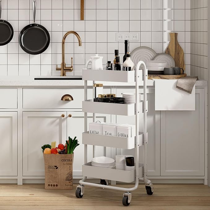 4 Tier Metal Rolling Cart with Wheels,4 Tier Utility Cart with Wheels for Office,Home,Kitchen,Garden（13.4"x18.1"x40"） White